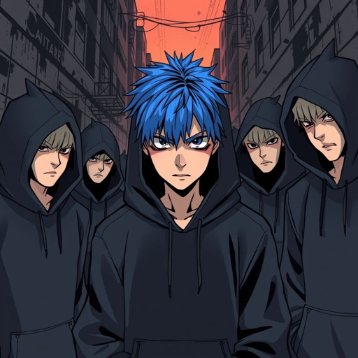 A teenage boy dressed in a hoodie frowning surrounded by angry looking boys also dressed in black hoodie 
