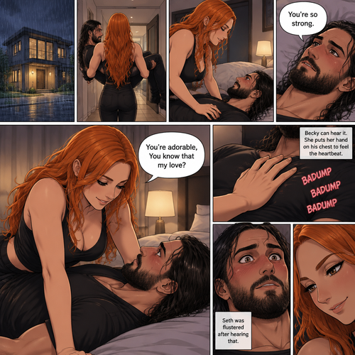 Part 3.Still is Seth Rollins’s house,Still raining outside,Becky Lynch was holding Seth Rollins in her arms,She walked to his bedroom while holding him.She gently put him down on the bed.He looked up at her while blushing. “You’re so strong” Said Seth.Becky simply smiled and got on top of him.Seth’s heart is beating loudly.Becky can hear it,She puts her hand on his chest to feel the heartbeat. “You’re adorable,You know that my love?” Said Becky.Seth was flustered after hearing that