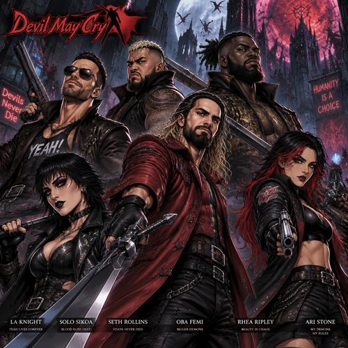 LA Knight,Solo Sikoa,Seth Rollins,Oba Femi,Rhea Ripley and Ari Stone (My wrestler oc) in Devil may cry 