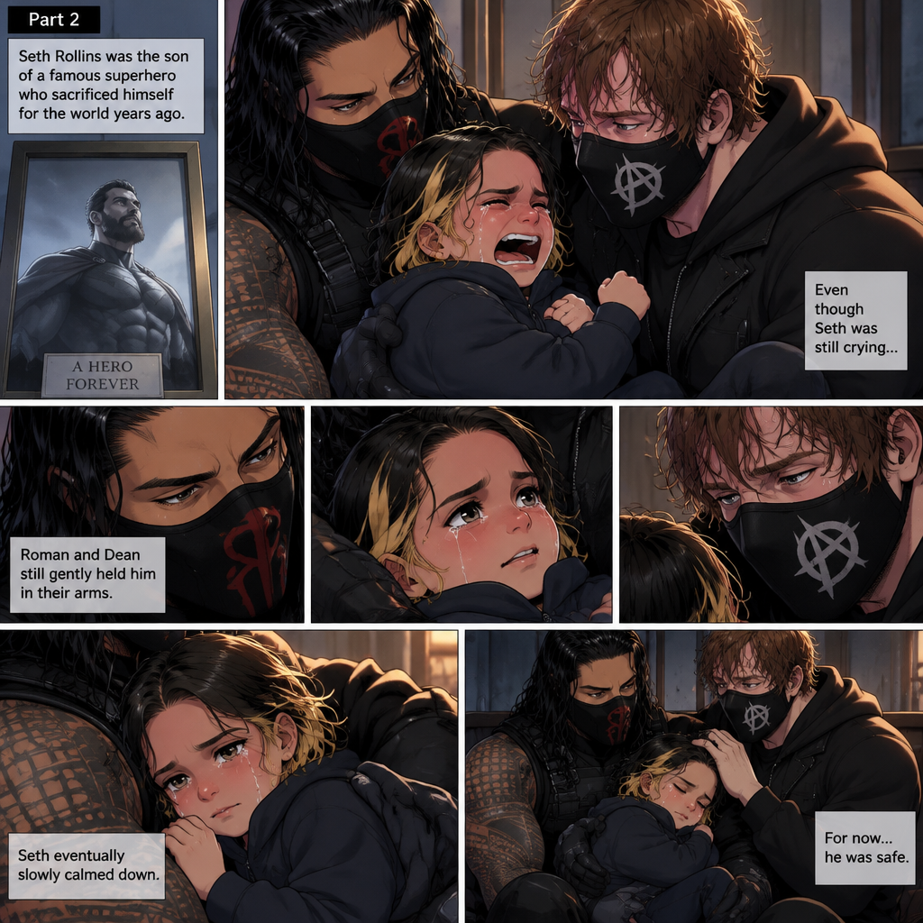 (Part 2 of an Ambrolleigns story) Seth Rollins was the son of a famous superhero who sacrificed himself for the world years ago. Seth was still crying. The masked villains (Roman Reigns and Dean Ambrose) (Who kidnapped Seth) Still gently held him in their arms. Seth eventually slowly calmed down