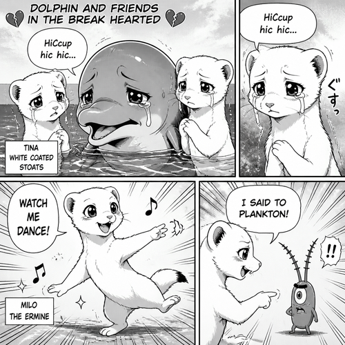 of theanimated anime dolphin and friends in the. break hearted.  tina white coated stoats. could say hiccup hic hic.  milo is the ermine said watch me dance.   he said to. plankton 