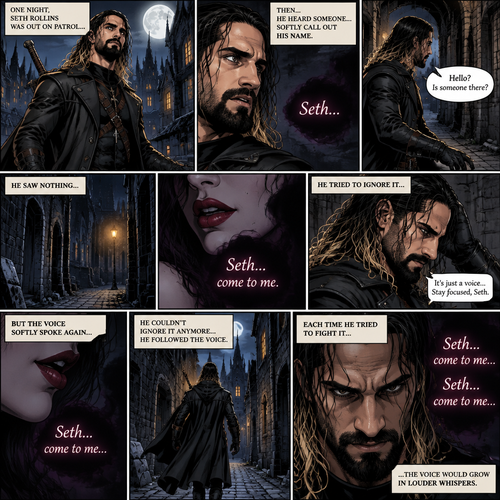 Seth Rollins is a vampire hunter,One night he was out on patrol…then….he heard someone…softly call out his name. “Hello?,Is someone there?” Seth called out. He saw nothing….then he heard it again,He tried to ignore it…but the voice softly spoke again “Seth…come to me”. He couldn’t ignore it anymore,he followed the voice. Each time he tried to fight it…the voice would grow in loud whispers