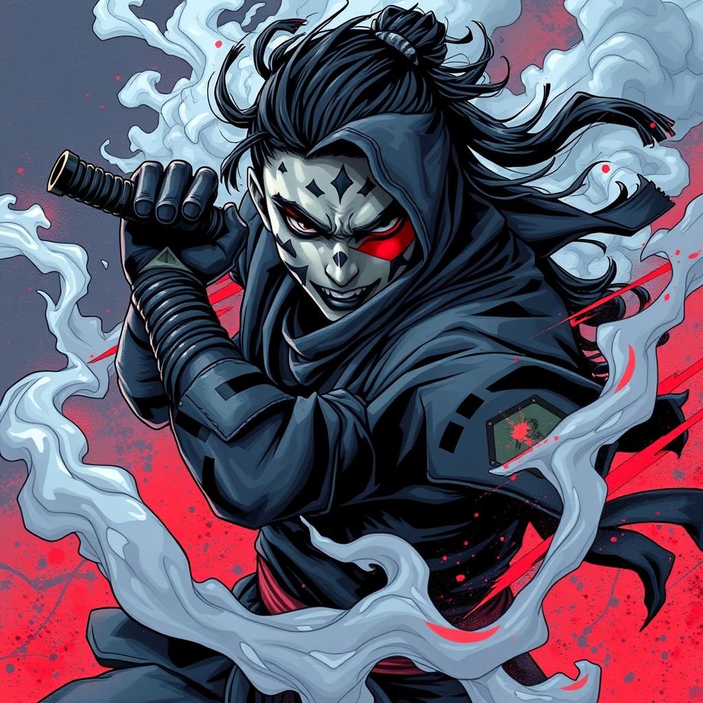 Ryu hyabussa mixed with mortal Kombat smoke design layout with vitiligo