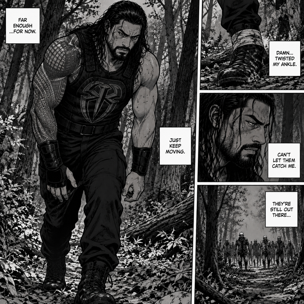 Roman Reigns is in a zombie apocalypse,He walking in the woods. He hurt his ankle while running away from a zombie horde. He’s far away from them and limping in the woods