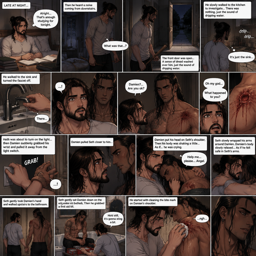 (Recap) Seth Rollins (College student) Arrives at math class and sits at his usual desk,Damien Priest (The bad boy) arrives as well,He sits on the desk next to Seth,Seth was focusing on the math lesson…Damien wasn’t,He was only focusing on Seth like he was the most beautiful angel he’s ever seen,”So beautiful” Damien thought in his mind,After class ended Seth was at his locker when suddenly Damien appeared behind him startling Seth. (And now part 2). It was late at night,Seth just finished studying in his college house. He was about to turn in for the night….Then he heard a noise coming from downstairs. He grabbed a bat and slowly walked downstairs…the front door was open,a sense of dread washed over him. He slowly walked to the door and closed it. Then…a dripping sound came from the kitchen,he slowly walked to the kitchen to investigate…there was nothing,just the sound of dripping water. He sighed and walked to the sink and turned the faucet off. He turned around…and got spooked…..Damien was standing behind him. He was staring at Seth with a blank expression on his face. “Damien?…Are you ok?” Asked Seth. Damien said nothing…he just kept staring. There was a dripping noise again…But this time….it was coming from Damien. Seth looked at Damien’s chest…there were scratch marks on it,Then Seth….Noticed a huge bite mark on Damien’s shoulder. Seth was horrified. “Oh my god” said Seth. Seth looked at Damien. “What happened to you?” Asked Seth. Damien remained silent. Seth was about to turn on the light….then Damien suddenly grabbed Seth’s wrist and pulled it away from the light switch. Seth’s eyes widened. Damien kept looking at Seth while holding his wrist,He pulled Seth Closer to him. They stared at each other…then…..Damien put his head on Seth’s shoulder,Then his body was shaking a little….as if….he was crying,Then…he finally spoke “Help me…please…Angel”. Seth gasped a little,Then he slowly wrapped his arms around Damien. Damien’s body slowly relaxed…As if he felt safe in Seth’s arms. After a while Seth gently took Damien’s hand and walked upstairs to the bathroom. Seth gently sat Damien down on the edge of the bathtub,Then he grabbed a first aid kit. He grabbed a small cloth. “Hold still,it’s gonna sting a bit” Seth said to Damien. He started with cleaning the bite mark on Damien’s shoulder. Damien groaned a little but sat still to let Seth keep cleaning the wound on his shoulder