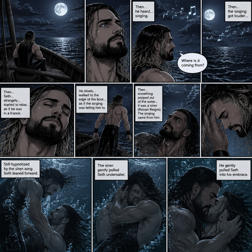 Seth Rollins was alone on a boat at night,He looked at the moon. Then….he heard…singing,he tried looking for the source. “Where is it coming from?” Seth asked himself. Then….the singing got louder,Then….Seth…strangely….started to relax…as if he was in a trance. He slowly…walked to the edge of the boat…as if the singing was telling him to. Then…something popped out of the water….it was a siren (Roman Reigns),The singing came from him. Still hypnotized by the siren song Seth learned forward. The siren gently pulled Seth underwater,He gently pulled Seth into his embrace