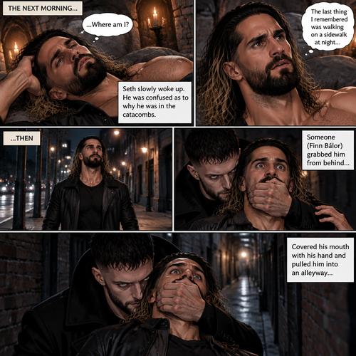 (Vampire Finn Bálor x Reincarnated Seth Rollins Part 3) The next morning,Seth slowly woke up. He was confused as to why he was in the catacombs.The last thing he remembered was walking on a sidewalk at night,Then someone (Finn Bálor grabbed him from behind,Covered his mouth with his hand and pulled him into an alleyway