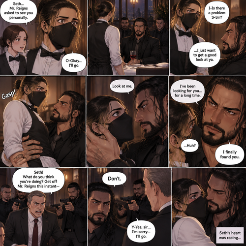 (Recap) Seth Rollins is a waiter at a restaurant,He’s wearing a mask that covers his face because all his life he’s been told he was ugly,He believed it,He’s also too afraid to look at mirrors,One night he was working as usual,then a group of men walked in amongst them was Roman Reigns (Feared mafia Boss) and took a seat,One of the waitresses told Seth that Roman asked to see him personally,Seth was nervous. (And now part 2). Seth nervously walked over to Roman’s table. “I-Is there a problem S-Sir?” Seth asked nervously. “…I just want to get a good look at ya” said Roman. Seth’s eyes Widened.  Roman wrapped his arm around Seth’s waist and pulled him onto his lap. Seth gasped. “Look at me” Roman commanded. Seth looked at him. “I’ve been looking for you…for a long time” Said Roman. Seth was confused. “I finally found you” Said Roman. The manager walked in and was about to lecture Seth…But Roman’s men pointed their weapons at him. Roman looked at him with a cold expression and said one word to him “Don’t”. The manager was spooked and backed off. Roman looked back at Seth. Seth’s heart was racing (End of part 2)