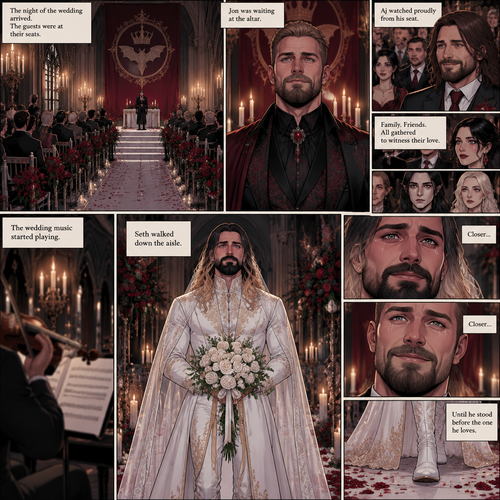 (Recap) Seth Rollins (The vampire hunter turned Bride of the Vampire king) Reunited with his long lost brother Aj Styles,Time skip to 3 days before the wedding,Seth and Jon Moxley (Vampire King) were still preparing,Aj helped out,The night before Aj had told Jon and Seth that he’s a werewolf,Seth and Jon were shocked but were happy that Aj was being honest with them,Seth was on the balcony Looking at the view and Looking nervous about the wedding,Jon appeared behind him checking in on him,“Can’t sleep?” Jon asked,“No” Said Seth,Jon wrapped his arms around him,“What’s on your mind?” Jon asked,”I’m just very nervous about our wedding,Don’t get me wrong I want to marry you…It’s just….what if I mess up? What if people don’t like me?…what if…..I’m not enough….for you?” Said Seth,”Look at me my love” Jon said softly,Seth looked up at him,”You’re not gonna mess up,I’ll be right with you,If people don’t like you they’ll have to deal with me,You ARE enough for me,You’re the only one I want,The ONLY one i love,You’re mine..and I’m yours,For eternity” Jon said softly,Seth’s heart fluttered,Jon kissed him softly,”I love you” Jon said Softly,”I love you too” Seth said softly,They kissed again. (And now part 9) The night of the wedding arrived,The guests were at their seats. Jon was waiting at the altar. The wedding music started playing. Seth walked down the aisle