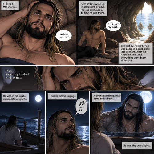 (Part 2 of the siren x human story). The next morning Seth Rollins woke up in some sort of cave,He was confused as to how he got there.The last he remembered was being in a boat alone late at night…then he heard singing…and everything went blank after that,Then….A memory flashed in his mind….A siren (Roman Reigns) came to his boat…he was the one singing