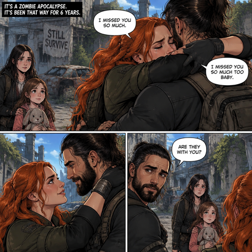 (Part 3)It’s a zombie apocalypse,It’s been that way for 6 years,Becky lynch And Seth Rollins are having an emotional reunion with Raven (A teenage girl) and Sophia (A little girl) watching. “I missed you so much” Said Becky. “I missed you so much too Baby” Said Seth. Seth noticed Raven and Sophia. “Are they with you?” Seth asked Becky