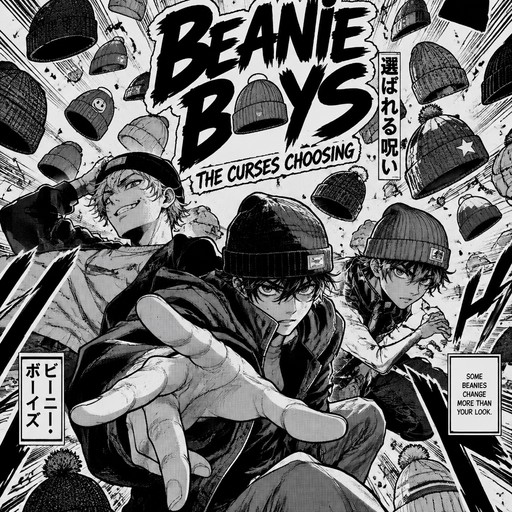 a title page that says beanie boys the curses choosing and there are 3 teenagers in beanie's below it and for the background it has beanie's all over the page and can YOU Make it look more not ai