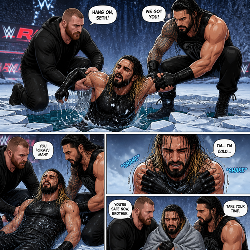 WWE superstar Seth Rollins Getting Rescued by Jon Moxley And Roman Reigns after falling through ice.They pull him out.After they pull him out Seth starts shaking due to being cold