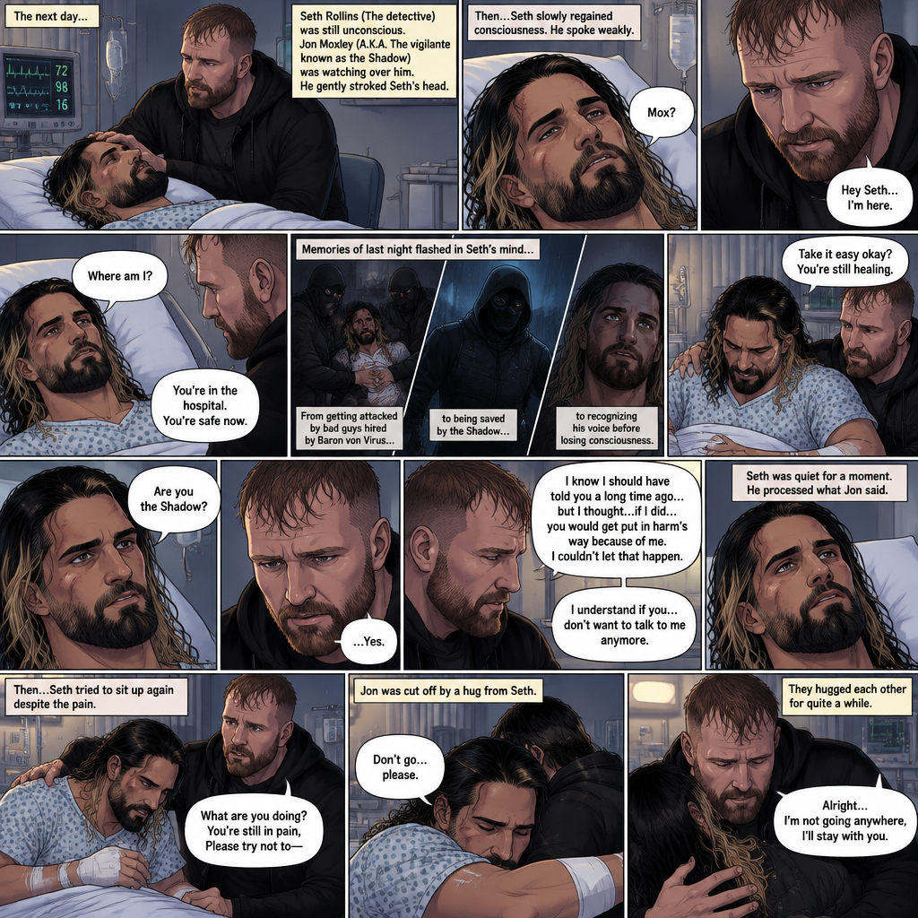 (Part 2 of the Vigilante x detective story). The next day,Seth Rollins (The detective) was still unconscious. Jon Moxley (A.K.A The vigilante known as the shadow) was watching over him. He gently stroked Seth’s head. Then…Seth slowly regained consciousness. He spoke weakly “Mox?”. “Hey Seth…I’m here” Jon said Softly. Seth was silent for a bit before he spoke weakly “Where am I?”. “You’re in the hospital,You’re safe now” Jon said softly. Memories of last night flashed in Seth’s mind,From getting attacked by Bad guys hired By Baron von virus to being saved by the shadow to recognizing his voice before losing consciousness. Seth tried to sit up but couldn’t because of the pain. “Take it easy okay?,You’re still healing” Jon said softly. Seth was quiet for a moment. Jon could tell something was on Seth’s mind. Then…Seth asked Jon the one question that he thought in his mind “Are you the shadow?”. Jon knew this day would come. He didn’t deny it. “…Yes” Jon said softly. Seth was quiet for a moment again. Jon gently took Seth’s hand as he spoke “I know I should have told you a long time ago…but I thought…if I did…you would get put in harm’s way because of me,I couldn’t let that happen”. Seth processed what Jon said. “I understand if you…don’t want to talk to me anymore” said Jon. It was silent for a while…Then Seth tried to sit up again despite the pain. Jon was confused. “What are you doing?,you’re still in pain,Please try not to-“ Jon was cut off By a Hug from Seth. “Don’t go…please” Seth said softly. Jon was caught off guard a little…then he gently hugged Seth back. “Alright…I’m not going anywhere,I’ll stay with you” Jon said softly. They hugged each other for quite a while. (End of part 2)