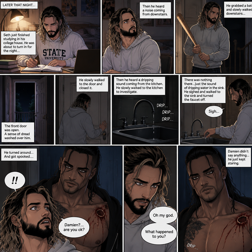 (Recap) Seth Rollins (College student) Arrives at math class and sits at his usual desk,Damien Priest (The bad boy) arrives as well,He sits on the desk next to Seth,Seth was focusing on the math lesson…Damien wasn’t,He was only focusing on Seth like he was the most beautiful angel he’s ever seen,”So beautiful” Damien thought in his mind,After class ended Seth was at his locker when suddenly Damien appeared behind him startling Seth. (And now part 2). It was late at night,Seth just finished studying in his college house. He was about to turn in for the night….Then he heard a noise coming from downstairs. He grabbed a bat and slowly walked downstairs…the front door was open. A sense of dread washed over him. The slowly walked to the door and closed it,Then he heard a dripping sound coming from the kitchen. He slowly walked to the kitchen to investigate,there was nothing there…just the sound of dripping water in the sink,He sighed and walked to the sink and turned the faucet off. He turned around….And got spooked….Damien was standing right behind him. Damien was staring right at Seth with a blank expression on his face. “Damien?…are you ok?” Seth asked. Damien didn’t say anything…he just kept staring. There was a dripping sound again…but this time…it was coming from Damien. Seth looked at Damien’s chest….there were scratches on it,Then Seth…noticed a huge bite mark on Damien’s shoulder. Seth was horrified. “Oh my god” said Seth. He looked at Damien. “What happened to you?” Asked Seth. Damien remained silent