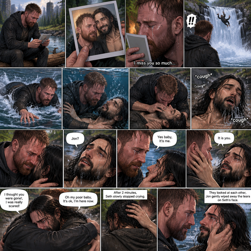 (Recap) Still in the zombie apocalypse. (This was Jon Moxley’s POV). Jon sat on a log near the river alone looking sad,He was looking at a romantic photo of him and Seth Rollins before the apocalypse began,He thought Seth died the day of the apocalypse started 4 years ago,He gently kissed the photo and said he misses Seth So much,He saw someone fall down the waterfall,he jumped in the water,As he swam he got a better look at the person,It turned out to be Seth,He swam faster and got him,He was to shore and Gently placed Seth’s down,He did CPR and mouth to mouth on Seth,When all hope seemed lost Seth coughed out water,Jon gently held Seth with tears of joy streaming down his face,Seth slowly opened his eyes,”Jon?” Seth asked weakly. (And now part 4). Jon gently placed his hand on Seth’s cheek. “Yes baby,It’s me” Jon said Softly. Seth gently placed his hand on Jon’s cheek to see if he’s real,Tears streamed down his face. “It is you” Seth said through his tears. Jon gently pulled Seth into a hug,Seth cried on Jon’s shoulder. Jon gently stroked the back of Seth’s head while Seth continued to cry on Jon’s shoulder. “I thought you were gone!,I was really scared!” Seth said through his tears. “Oh my poor baby,It’s ok,I’m here now” Jon said softly. Jon Gently rubbed Seth’s back to try to soothe him. After 2 minutes,Seth slowly stopped crying. They looked at each other,Jon gently wiped away the tears on Seth’s face