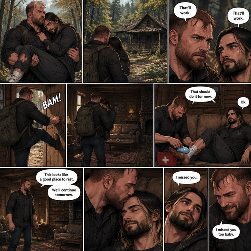(Part 5). Still in the zombie apocalypse. Jon Moxley was walking in the woods while Holding Seth Rollins in his arms after emotional reunion near the river. Seth was resting his head on Jon’s shoulder while holding on. Jon looked ahead and he sees an abandoned Cabin. Seth Sees it too. Jon and Seth looked at each other,Then they looked back at the cabin. “That’ll work” Jon and Seth said in unison. Jon walked to the cabin,Then he kicked the door open and walked inside. He gently put Seth down on the couch. He reached into his bag and pulled out a first aid kit,He gently lifted Seth’s sprained ankle,He grabbed an ice pack from the first aid kit and gently puts it on Seth’s ankle. “That should do it for now” said Jon. Seth nodded. Jon looked at his surroundings. “This looks like a good place to rest” said Jon. “We’ll continue tomorrow” Jon continued. “Ok” said Seth. Jon gently kissed Seth on the forehead. Seth smiled softly. “I missed you” Seth said softly. Jon smiled softly. “I missed you too baby” Jon said Softly