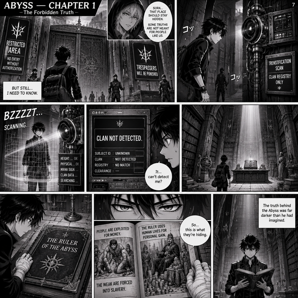 ABYSS — CHAPTER 1
Page 7: The Forbidden Truth
Sora Amamiya — Appearance: A 17-year-old boy, 178 cm tall, with a slim athletic build. He has messy, layered jet-black hair with sharp, irregular spikes and uneven bangs, sharp light-grey eyes with dark pupils, and a youthful, defined face. He wears a fitted black high-collar jacket with silver buttons over a dark shirt, black trousers, a black belt with a rectangular silver buckle, and black lace-up combat boots. White bandages wrap around both wrists and partially cover both hands. He carries a dark travel bag.
Rei Mikazuki — Appearance: A mysterious boy with soft, layered silver hair, cool blue-grey eyes, and a calm, enigmatic expression. He wears a black hooded cloak with subtle blue accents over dark layered clothing, black trousers, and black boots. A blue crystal pendant hangs from a silver chain around his neck.
Panel 1 — The Forbidden Entrance
Sora stands before the enormous sealed gates of the forbidden area. Warning signs cover the dark stone walls, and guards patrol the entrance. Rei’s warning echoes in his mind, but Sora keeps staring at the gates, determined to discover what is hidden inside.
Panel 2 — Slipping Inside
Sora quietly makes his way into the restricted passage and approaches a large mechanical detection device mounted beside the entrance. Metal components, rotating lenses, and glowing scanning lights cover its surface.
Panel 3 — The Machine Scans
The machine projects a scanning light over Sora from head to toe. Strange symbols flash across its display as it searches for his clan. Sora stands perfectly still, watching the device nervously.
SFX: BZZZZT… SCANNING…
Panel 4 — No Clan Detected
A close-up of the machine’s display showing an error message: “CLAN NOT DETECTED.” Its scanning light shuts off, and the mechanical gate remains open. Sora looks at the display in surprise.
Sora: “It… can’t detect me?”
Panel 5 — Inside the Forbidden Place
Sora enters a vast, dimly lit archive filled with towering bookshelves, ancient records, sealed documents, and enormous stone pillars. A shaft of pale light falls across a large desk at the centre of the chamber. A thick, ancient book rests on it.
Panel 6 — The Ruler’s Book
Sora approaches the desk and notices the title engraved on the book’s dark cover:
“THE RULER OF THE ABYSS.”
He carefully opens it. The pages are filled with records, official accounts, and information about the ruler’s activities. Sora leans closer, his expression turning serious as he begins reading.
Panel 7 — Discovering the Truth
A close-up of Sora’s light-grey eyes moving across the page. The open book reveals records describing how the ruler exploits people for money and forces them into slavery for personal gain. Sora’s hands tighten around the pages as he realizes the terrible truth hidden behind the village’s peaceful appearance.
Sora: “So… this is what they’re hiding.”
Panel 8 — The Secret Revealed
Sora stands alone in the enormous archive, holding the open book beneath the dim light. Towering shelves surround him, and the forbidden chamber stretches into darkness behind him. His expression has changed from curiosity to grim determination.
Narration: “The truth behind the Abyss was far darker than he had imagined.”