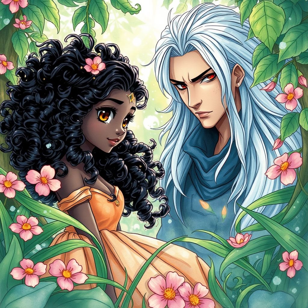 there’s an beautiful black princess named Luna she had long curly black hair and brown eyes she is an very adventurous lady for her young age and then there’s an mysterious young man named Zander he’s very handsome and has silver hair and crimson eyes and he always wears black not mentioned he’s very tall and he’s very dangerous to some.