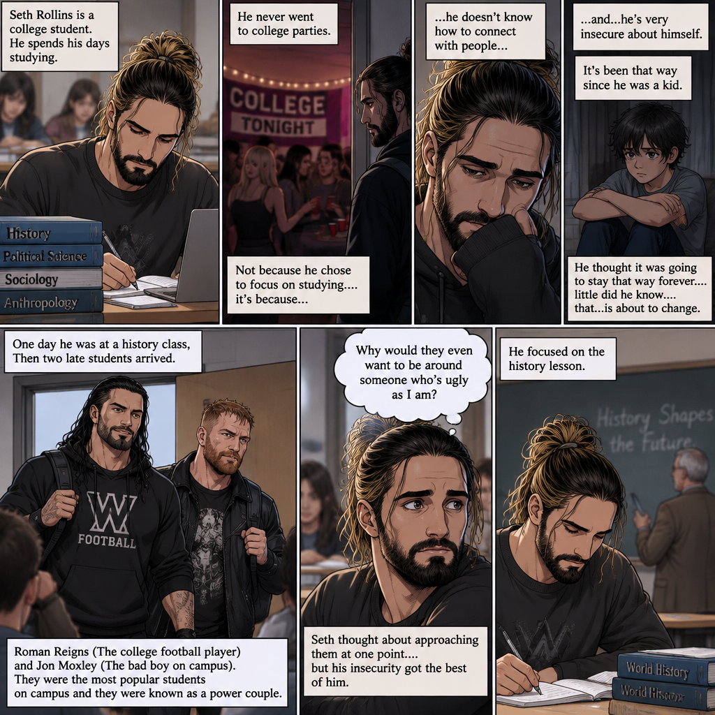 Seth Rollins is a college student. He spends his days studying,He never went to college parties. Not because he chose to focus on studying….it’s because…he doesn’t know how to connect with people…and…he’s very insecure about himself. It’s been that way since he was a kid. He thought it was going to stay that way forever….little did he know….that…is about to change. One day he was at a history class,Then two late students arrived. Roman Reigns (The college football player) and Jon Moxley (The bad boy on campus). They were the most popular students on campus and they were known as a power couple. Seth thought about approaching them at one point….but his insecurity got the best of him. “Why would they even want to be around someone who’s ugly as I am?” Seth thought to himself. He focused on the history lesson