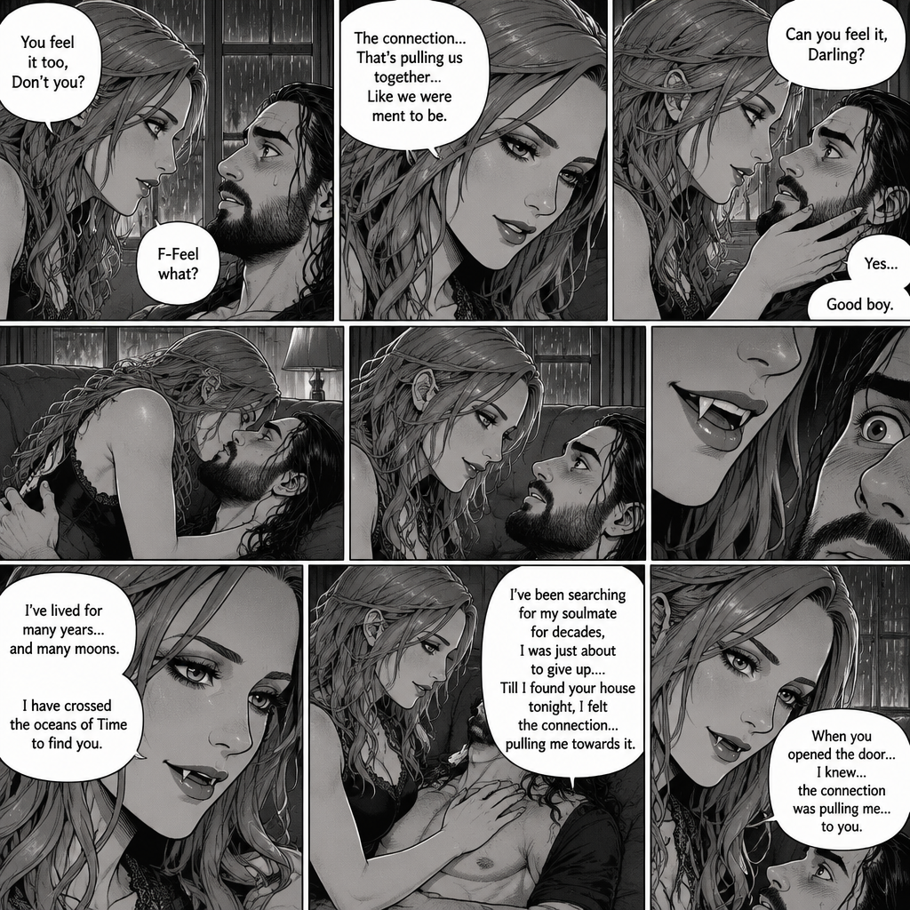 Part 2.The setting is still at Seth Rollins’s house,It’s still raining outside.”You feel it too,Don’t you” Asked Becky Lynch. “F-Feel what?” Asked Seth Rollins nervously.Becky gets closer to Seth. “The connection…That’s pulling us together…Like we were ment to be” Becky said softly.Seth’s heart fluttered.Becky can hear it,She gently puts her hand on his cheek and leaned towards him. “Can you feel it,Darling?” Becky Asked Softly.Something about her voice made Seth unable to resist her. “Yes” Seth whispers. “Good boy” Becky whispers.Their lips connect softly,Becky gently pushes Seth on his back on the couch while they kiss.They eventually pull away and look at each other.Becky smiles gently at him,That’s when….Seth Notices vampire fangs in her teeth,He was bewildered…But not scared. “I’ve lived for many years…and many moons” Becky said softly. “I have crossed the oceans of Time to find you” Becky said softly.Seth’s heart fluttered again,Becky heard it,She gently puts her hand on his chest to feel it.Seth blushed. “I’ve been searching for my soulmate for decades,I was just about to give up….Till I found your house tonight,I felt the connection…pulling me towards it,When you opened the door…I knew…the connection was pulling me…to you” Said Becky