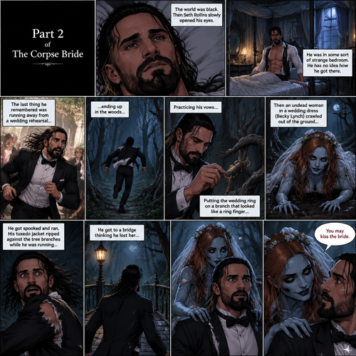 (Part 2 of the corpse bride,Seth x Becky style). The world was black. Then Seth Rollins slowly opened his eyes,He was in some sort of strange bedroom. He has no idea how he got there. The last thing he remembered was running away from a wedding rehearsal,ending up in the woods,Practicing his vows,Putting the wedding ring on a branch that looked like a ring finger,Then an undead woman in a wedding dress (Becky Lynch) crawled out of the ground,He got spooked and ran,His tuxedo jacket ripped against the tree branches while he was running,He got to a bridge thinking he lost her,The undead bride appeared,She gently placed her hands on his shoulders and said “You may kiss the bride”