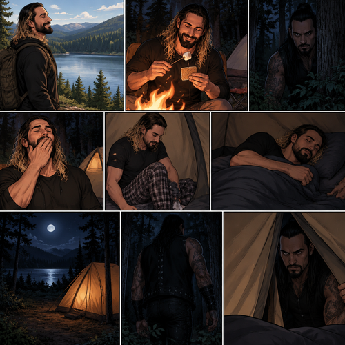 Seth Rollins was camping in the woods,he was enjoying the view of the lake and enjoying the fresh air,Hours later nighttime came,He was making s’mores at the campfire.He was enjoying himself…but…little did he know…that something…or someONE was watching him.Seth eventually got tired and yawned. “I think I’ll turn in for the night” said Seth.He went inside his tent,put pajamas on,got in his sleeping bag and went to sleep,Soon enough…Seth was deep asleep.The mysterious figure (Damien Priest) quietly walked to Seth’s tent,He opened the tent quietly