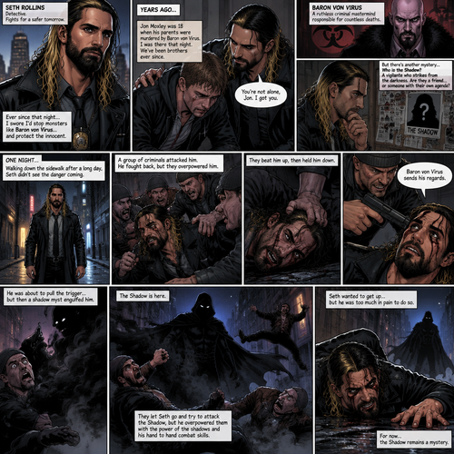 Seth Rollins is a detective. He and Jon Moxley had been friends for years. When Jon was 18 years old His parents were murdered by a villain known as Baron Von Virus. Seth (who was also 18 at the time) comforted him that night. Ever since then Seth dedicated himself to stopping criminals like Baron Von virus and protecting the innocent. He was also trying to figure out the identity of a mysterious Vigilante known as the shadow. One night he walking down the sidewalk,Then a group of bad people attacked him. He tried to fight back but they overpowered him. They beat him up,Then they hold him down. One of them points a gun at his head and says “Baron von virus sends his regards”. He was about to pull the trigger…but then a shadow myst engulfed him. The shadow is here. They let Seth go and try to attack the shadow but he overpowered them with the power of the shadows and his hand to hand combat skills. Seth wanted to get up but he was too much in pain to do so