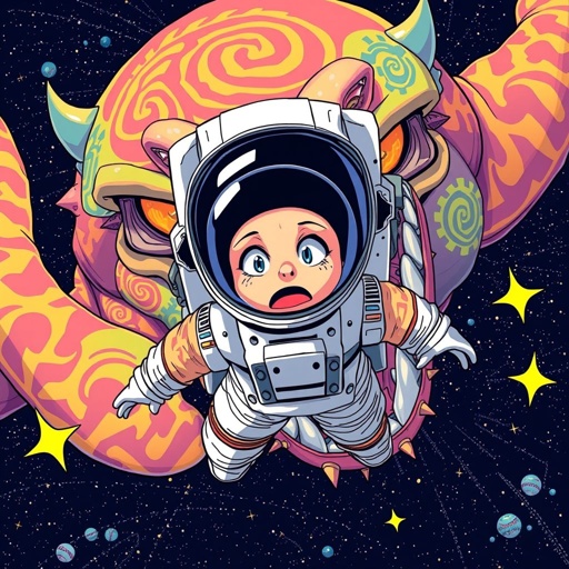 A astronaut looking shocked while looking at a monster