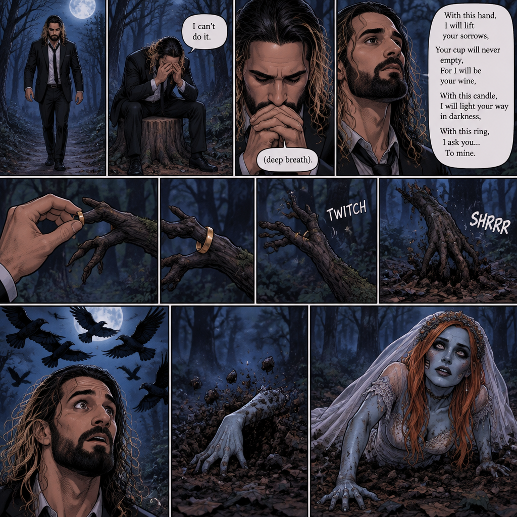 (Part 1 of the corpse bride,Seth x Becky style). Seth Rollins was walking in the woods alone at night after running away from a wedding rehearsal. After a while He sat at a tree stump,he puts his head in his hands. “I can’t do it” Seth said to himself. He took a deep breath. He began practicing his vows,”With this hand,I will lift your sorrows,Your cup will never empty,For I will be your wine,With this candle,I will light your way in darkness,With this ring,I ask you…To mine”. He puts the wedding ring on a tree branch that suspiciously looks like a ring finger. Then the crows flew by,Then….The branch the suspiciously looked like a hand…twitched. Then….The branch that suspiciously looks like a hand pulled itself underground. Seth got spoked when he saw that. Then…an undead woman in a wedding dress (Becky Lynch) crawled out from the ground