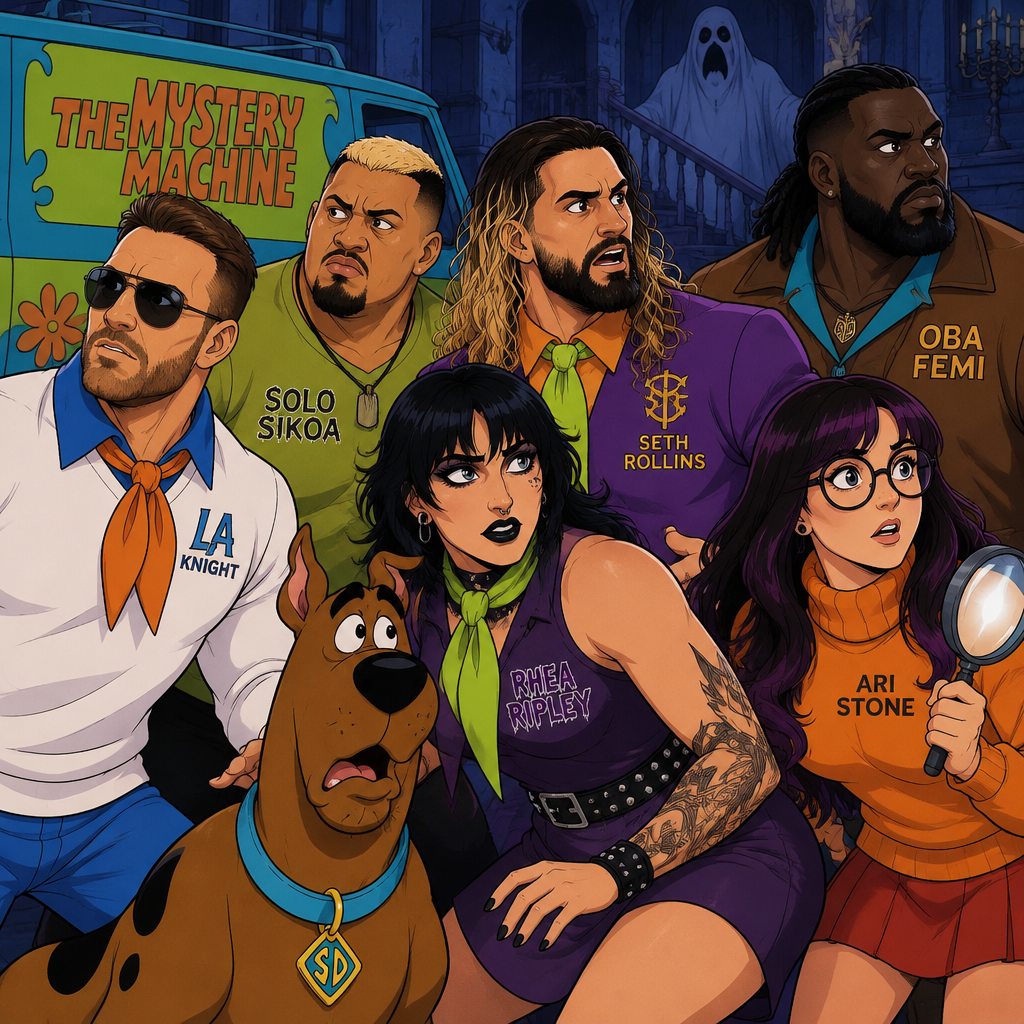 LA Knight,Solo Sikoa,Seth Rollins,Oba Femi,Rhea Ripley and Ari Stone (My wrestler oc) in Scooby Doo