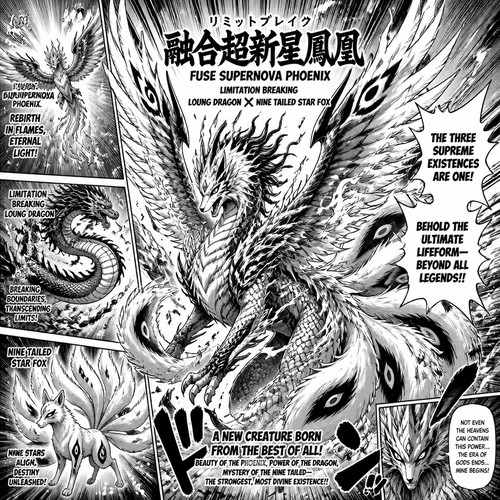 Fuse super nova Phoenix, limitation braking loung dragon and nine tailed star fox as a new creature that has all the best appearance form Phoenix, loung dragon and nine tailed