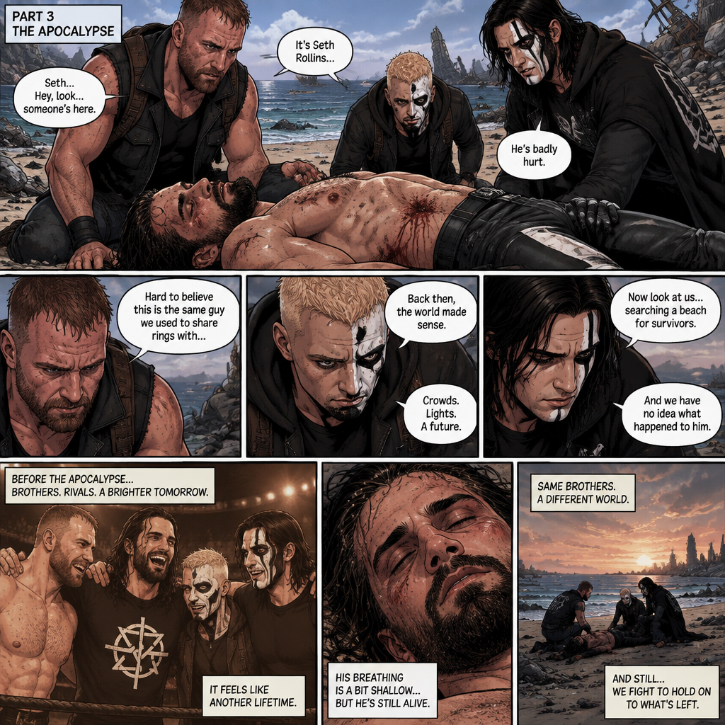 Part 3 of the apocalypse story.Jon Moxley,Darby Allin and Steven Borden (Sting’s son) Found Seth Rollins unconscious and badly injured on the beach while reminiscing about the time before the apocalypse.They had no idea what happened to him.Seth’s breathing was a bit shallow