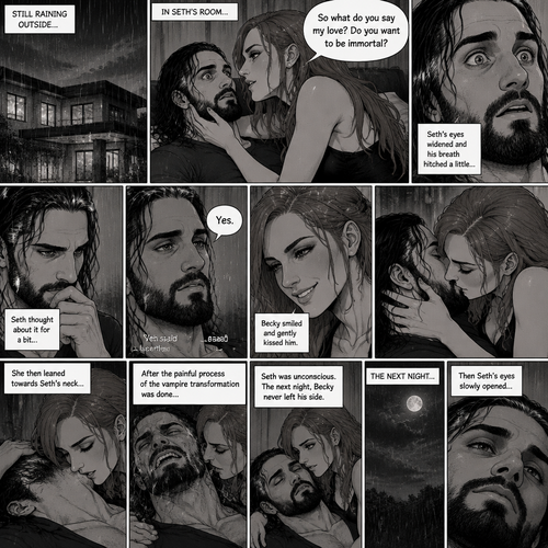 Part 4.Still in Seth Rollins’s house,Still raining outside.Seth Rollins and Becky lynch are in Seth’s room,Seth’s eyes were widened and his breath hitched a little after Becky offered him immortality. “So what do you say my love? Do you want to be immortal?” Asked Becky.Seth thought about for a bit…Then he made his decision. “Yes” Seth said softly.Becky smiled and gently kissed him.She then leaned towards Seth’s neck.After the painful process of the vampire transformation was done Seth was unconscious.The next night Seth was still unconscious,Becky never left his side.Then Seth’s eyes slowly opened