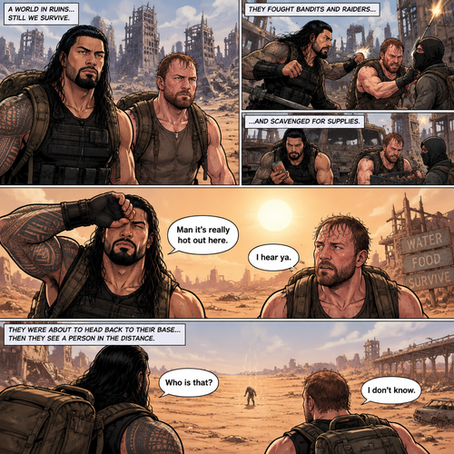 It’s a post apocalyptic world,Roman Reigns and Jon Moxley were side by side surviving the apocalypse together.They fought Bandits and raiders and scavenged for supplies.One day it was really hot outside. “Man it’s really hot out here” Said Roman. “I hear ya” Said Jon.They were about to head back to their base…then they see a person in the distance,He looked like he was overheating. “Who is that?” Asked Jon “I don’t know” said Roman