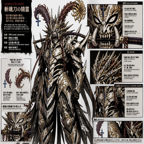 Zanpoctō spirit
Sleek Biologically grown knight armor
Horns: made out of molten crimson red hell chains interlocked with hollow bone,2 horns where ears should be the horns curve back then a sharp horizontal turn finally they spiral forward, at the tip of the left horn is a dangling blue Quincy cross with blue veins traveling up the horn to the dangling Quincy cross, the right horn had a big fully sprouted golden spider Lilly with golden spider Lilly padders carved into the horn leading up to the spider Lilly at the tip of the horn

Helm: molten crimson red hell chains interlocking with blue and silver Quincy crosses, blades spikes and jagged edges of white and black hollow bones, gold spider Lilly padders craved all around helm


Hollow mask: made of white hollow bone has intricate gold spider Lilly padders craved into the mask and black stripes that make an infinity sigh. similar to an oni mask mouth full of sharp teeth 4 giant tusks, serrated horns that poke straight forward, big Quincy cross in between eyes hell molten crimson red hell chains hanging off tusks and holding arrancar zanpoctō in mouth of mask horizontally by the sheath