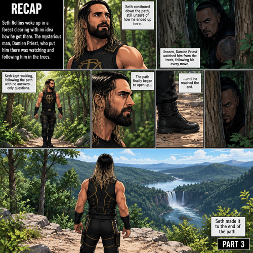 (Recap).Seth Rollins was walking down the path after he woke up In the forest clearing having no idea how he got there.The mysterious man (Damien Priest) who put him there was watching and following him in the trees.(And now part 3). Seth made it to the end of the path