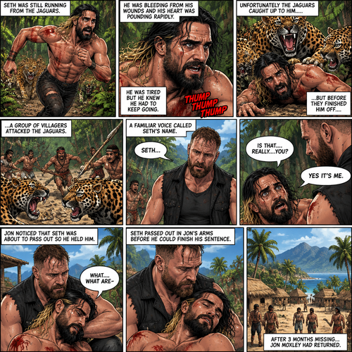 (Recap) Seth Rollins was on a cruise,then one night Thunder came,Seth got up from bed,The ship was rocking against the waves,Seth fell overboard,He swam as best he could,A wave crashed down on him,Everything went black,A few hours later,Seth woke up on shore,He was on an island,8 days have passed,He was still on the island,He walked to the jungle for more food,Then a group of jaguars attacked him,They bit him in the arm and leg,He managed to yank them off him and ran. (And now part 3). Seth was still running from the jaguars. He was bleeding from his wounds and his heart was pounding rapidly,He was tired but he knew he had to keep going. Unfortunately the jaguars caught up to him….but before they finished him off….a group of villagers attacked the Jaguars. A familiar Voice called Seth’s name. Seth looked up….He couldn’t believe it….It was Jon Moxley (He was missing for 3 months). Jon gently helped Seth stand up. “Is that….really….you?” Seth asked. “Yes it’s me” Said Jon. Jon noticed that Seth was about to pass out so he held him. “What….what are-“ Seth passed out in Jon’s arms before he could finish his sentence