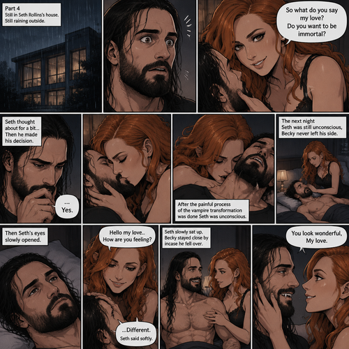 Part 4.Still in Seth Rollins’s house,Still raining outside.Seth Rollins and Becky lynch are in Seth’s room,Seth’s eyes were widened and his breath hitched a little after Becky offered him immortality. “So what do you say my love? Do you want to be immortal?” Asked Becky.Seth thought about for a bit…Then he made his decision. “Yes” Seth said softly.Becky smiled and gently kissed him.She then leaned towards Seth’s neck.After the painful process of the vampire transformation was done Seth was unconscious.The next night Seth was still unconscious,Becky never left his side.Then Seth’s eyes slowly opened,He looked at Becky as she was smiling down at him.She gently stroked his head. “Hello my love..How are you feeling?” Becky said softly. “…Different” Seth said softly.Seth slowly sat up,Becky stayed close by incase he fell over.He smiled at her,His fangs showing.She smiled and gently put her hand on his cheek. “You look wonderful,My love” Said Becky