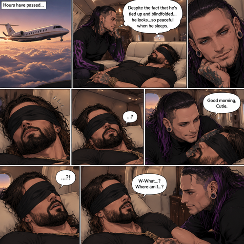 (Previously) The nefarious Jeff Hardy carried the unconscious Seth Rollins (A secret agent) to a private plane after arriving at the airstrip,He put him down on the sofa in the plane,He tied Seth’s wrists and Ankles with rope and then blindfolded him,The plane took off,Jeff gently stroked Seth’s head and whispered “We’ll be together soon Cutie,You just don’t know it yet”,He then gently kissed Seth’s forehead. (And now part 3). Hours have passed. Seth was still unconscious. Jeff was looking at him. “Despite the fact that he’s tied up and blindfolded…he looks…so peaceful when he sleeps” Jeff thought to himself. Then…Seth slowly regained consciousness. “Good morning,Cutie” said Jeff. Seth was confused