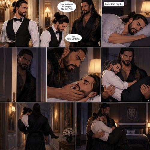 Seth Rollins was working as a butler at a mansion,Later that night He was asleep in his  room.Then…The door to his room quietly opened while he was asleep,The master of the house (Roman Reigns) was standing in the doorway.He quietly walked to the bed.He gently caressed Seth’s cheek,Then…He gently lifted Seth in his arms,Then he walked to his room while holding him