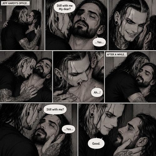 (Part 4 of the Vampire x human story). Still in Jeff Hardy’s office. Jeff was still Kissing Seth Rollins against the wall. After about a minute,Jeff pulled away. Jeff whispered in Seth’s ear “Still with me My dear?” Jeff asked softly. “…Yes…” Seth said softly. Jeff grinned. He leaned forward to Seth’s neck. Seth’s heart was racing. Jeff placed his hand on Seth’s chest to feel his heartbeat again. Seth gasped softly. Jeff gently pierced his fangs into Seth’s neck. Seth yelped softly. Jeff wrapped his arms around Seth. After awhile Jeff removed his fangs from Seth’s neck. Seth was breathing softly. Jeff gently placed his hand on Seth’s cheek. “Still with me?” Jeff asked softly. Seth looked up at Jeff while trying to keep his eyes open. “…Yes…” Seth said softly. Jeff smiled. “Good” Jeff said softly