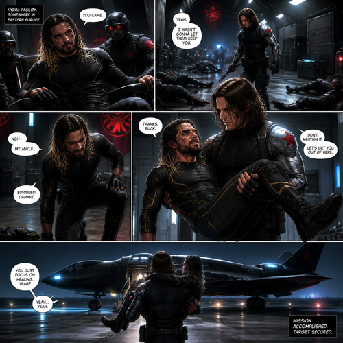 The winter soldier rescuing Seth Rollins after he was kidnapped by Hydra.After he was untied from the chair Seth Tried to stand but there was pain on his ankle meaning he sprained it,So Bucky lifted Seth up in his arms and carried him to the jet