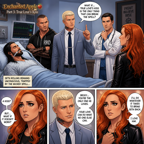Part 3 of the Enchanted apple story.Seth Rollins is still unconscious at the hospital.Randy Orton,Cody Rhodes and the doctor were looking at Becky Lynch after Cody got the idea that true love’s kiss could break the spell