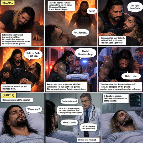 (Recap) Seth Rollins was trapped in a burning building,he couldn’t find a way out,he coughed because of the smoke,he collapsed on the ground,then he heard a familiar voice calling out his name,He opened his eyes,it was Roman Reigns,Seth weakly called out Roman’s name,Roman Rushed over to Seth,”I’m right here Seth” said Roman,he lifted Seth in his arms,”Hold on Seth,I got you” Roman said to Seth”,Roman runs towards an exit,he made it out,He runs to an ambulance with Seth in his arms,”Medic! He needs help!” Roman yelled,he puts Seth on a gurney,the paramedics wheel Seth to an ambulance,the adrenaline that Roman had wore off,”Help….him” said Roman,then….he collapsed on the ground,another team of paramedics rushed to Roman. (And now part 2). Roman woke up at the hospital. A doctor walked in. “You’re awake,good” said the doctor. “Where am I?” Roman asked. “You’re in st. Mary’s hospital,You Saved Seth Rollins from a burning building then collapsed” said the doctor. “Where’s…Seth?” Roman asked. “He’s in recovery,He’s gonna be ok” said the doctor. Roman was relieved. 3 days have passed,Seth was still unconscious at the hospital