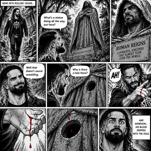 Seth Rollins was walking in the woods near his house,Then…he discovered an old statue Of a man in a cloak (Roman Reigns). “What’s a statue doing all the way out here?” Seth asked himself. He looks at the nameplate “Roman Reigns,A powerful sorcerer that almost took over the world”. “Well that doesn’t sound unsettling” Seth said to himself sarcastically. Then he noticed a hole on the statue. “Why is there a hole there?” Seth asked himself. Then….Seth somehow accidentally cut his hand. A little bit of his blood dripped into the hole