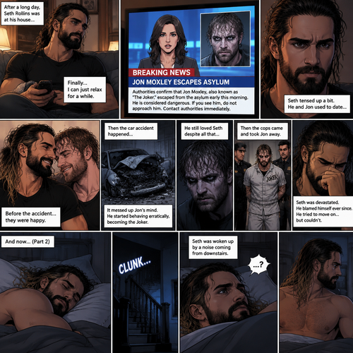(Recap) Seth Rollins was at his house after a long day,A news report came on tv,The reporter said that Jon Moxley A.KA the Joker had escaped from the asylum that morning,Seth tensed up a bit,he and Jon used to date….then car accident happened witch messed up Jon’s mind,he started behaving erratically becoming the joker,he still loved Seth despite all that,then the cops came and took Jon away,Seth was devastated,he blamed himself ever since,he tried to move on but couldn’t. (And now part 2). Seth was asleep in his bed….then he was woken up by a noise coming from downstairs.