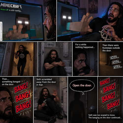 (part 2) Minecraft is still running. Herobrine still stared at Seth Rollins through the webcam. Seth was still paralyzed from fear. Herobrine put his hand on the screen…it went through. Seth ran out of the room in fear and locked himself in the bathroom. For a while nothing happened…then there were footsteps outside the door. Seth’s heart was pounding. Then…..something banged on the door. Seth scrambled away from the door in fear. Then a voice spoke from the door “Open the door”. Seth was too scared to move. The banging on the door continued