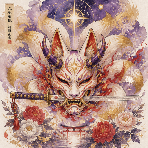 Fuse 9 tail star fox and super nova oni into a oni style mask with katana in the mouth of the mask horizontally . Colors gold, purple,red,white. Full picture Only show the final product 