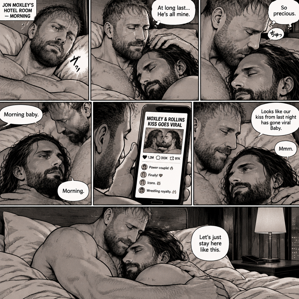 (Part 3). Still in Jon Moxley’s hotel room. Jon Moxley and Seth Rollins were asleep after last night’s activity. Jon slowly woke up,he looked down at Seth who was still asleep. Jon smiled,then he gently stroked Seth’s head. “At long last,He’s all mine” Jon thought to himself. He gently kissed Seth’s forehead. Seth hummed softly in his sleep. “So precious” Jon thought to himself. Seth slowly woke up. “Morning baby” Jon said softly. “Morning” Seth said softly. Jon gently pulled Seth closer to him. Jon picked up his phone. That kiss with Seth from last night went viral. Jon looked at Seth and smiled. “Looks like our kiss from last night has gone viral Baby” Jon said Softly. Seth hummed softly. Jon puts his phone back on the nightstand. “Let’s just stay here like this” Seth said Softly